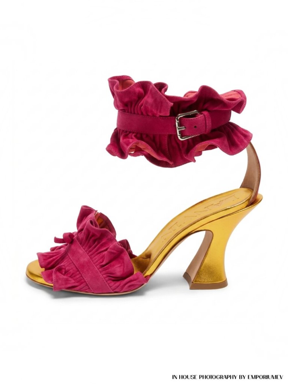 LANVIN Paris Pink Flamingo Suede Gold Sandals Size EU 38